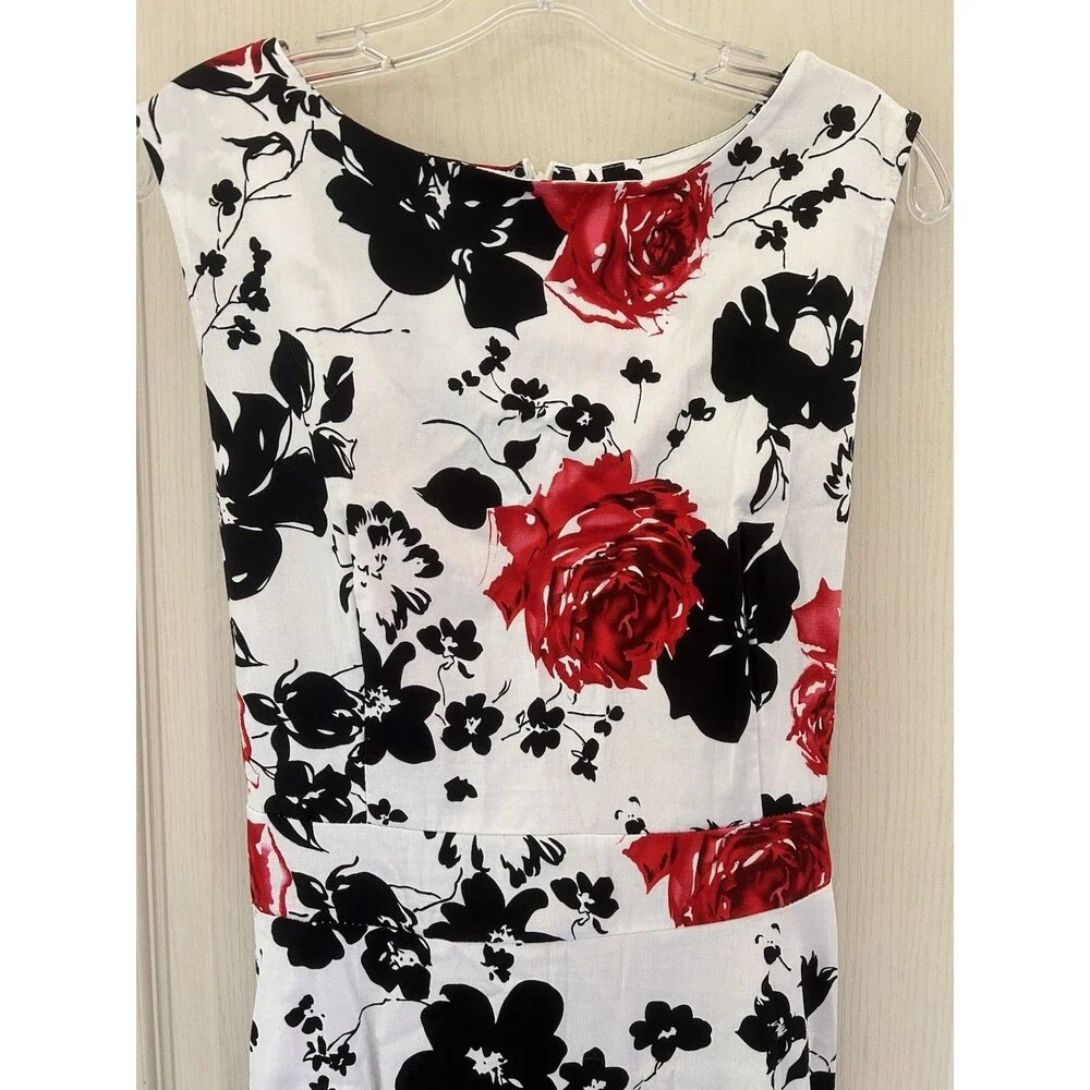 New Light Retro Floral A-Line Midi Dress White Red Black Rose Print Fit Flare XL